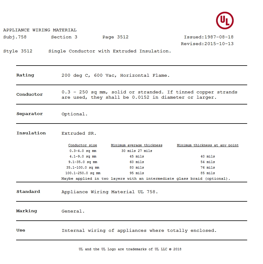 美国UL 3512 硅胶电线认证报告